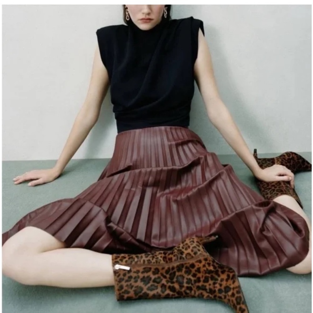 Zara Midi Asymmetrical Accordion Pleated Brown Skirt Vegan Leather High Waist M